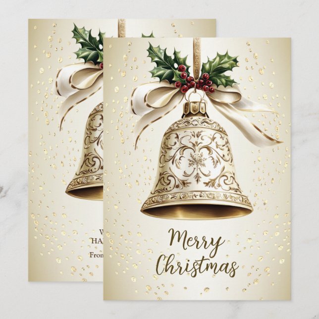 Golden Christmas Bell Shiny Stars Green Leaves Holiday Card (Front/Back)