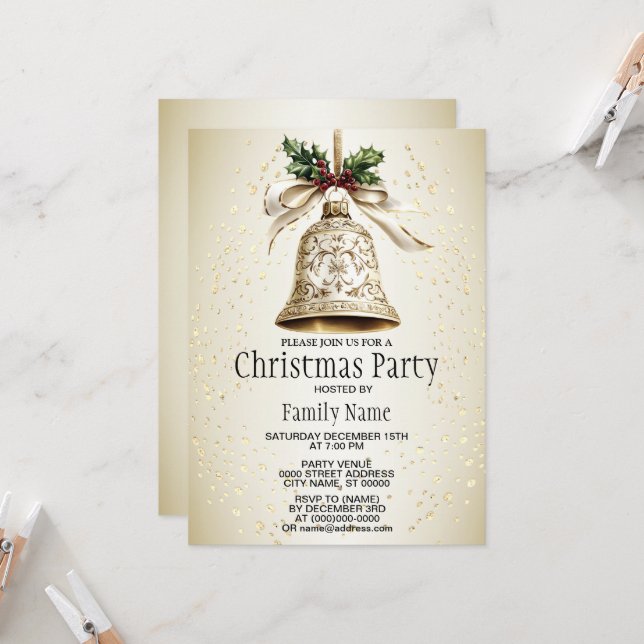 Golden Christmas Bell Shiny Stars Green Leaves Invitation (Front/Back In Situ)