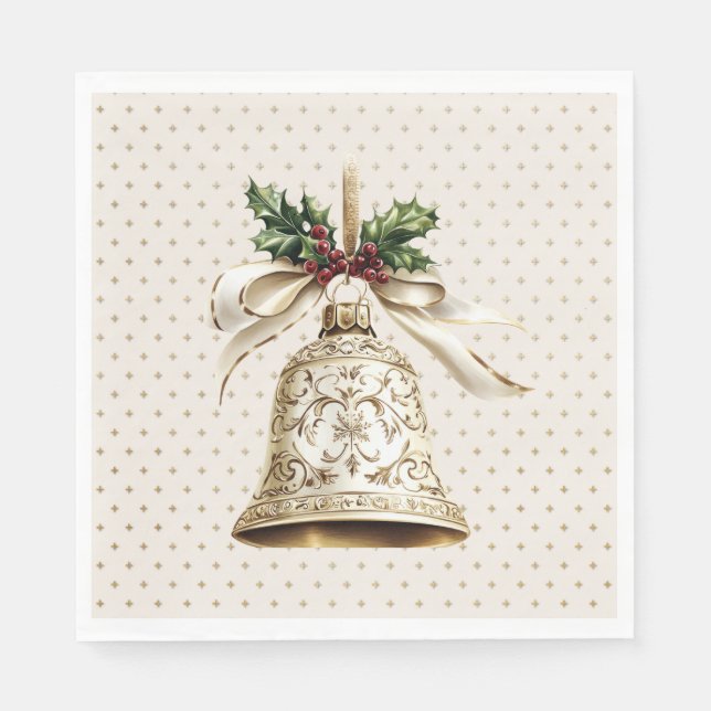 Golden Christmas Bell Shiny Stars Green Leaves Napkin (Front)