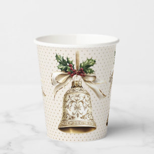 Golden Christmas Bell Shiny Stars Green Leaves Paper Cups