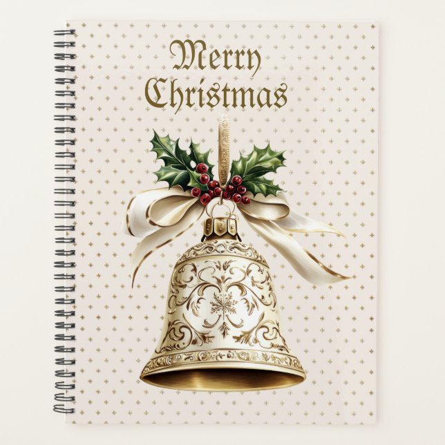 Golden Christmas Bell Shiny Stars Green Leaves Planner (Front)