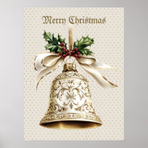 Golden Christmas Bell Shiny Stars Green Leaves