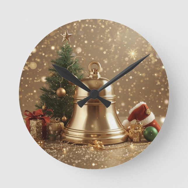 Golden Christmas Bell Wall Clock – Festive Holiday (Front)