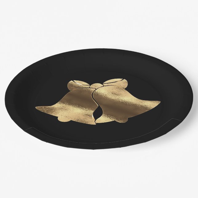 Golden Christmas Bells Black Gold Festive Elegant Paper Plate (Angled)