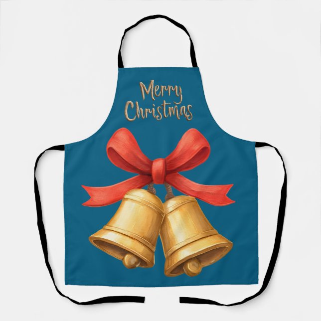 Golden Christmas Bells Blue Holiday Apron (Front)