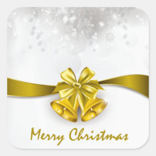 Golden Christmas Bells & Bow with Snowfall Square Sticker