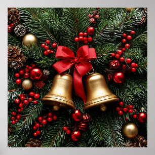 Golden Christmas Bells on Evergreen Decorations