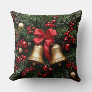 Golden Christmas Bells on Evergreen Decorations Cushion