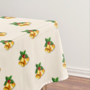 Golden Christmas Bells on Light Champagne Beige Tablecloth