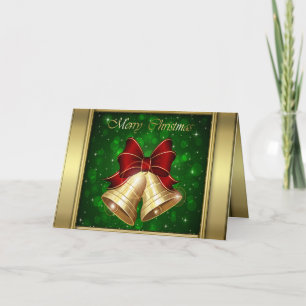 Golden Christmas Bells Red Bow Holiday Card