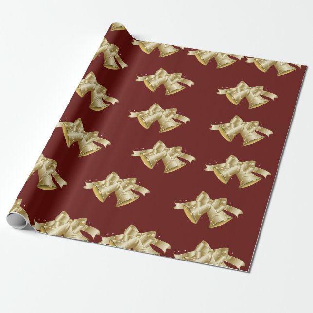 Golden Christmas Bells Wrapping Paper (Unrolled)