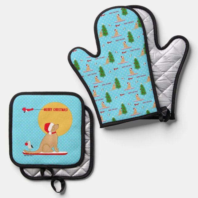 Golden Christmas Blue Beach Day Oven Mitt Set (Front/Back)