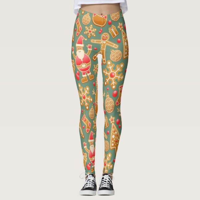 Golden Christmas cookies pattern Leggings (Front)