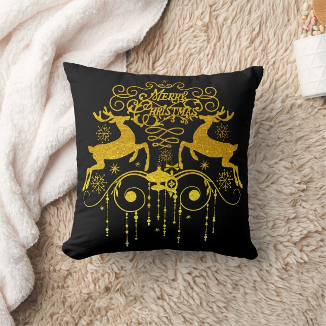 Golden Christmas Deers Throw Pillow (Blanket)