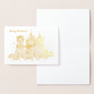 Golden Christmas dogs by tree postcard