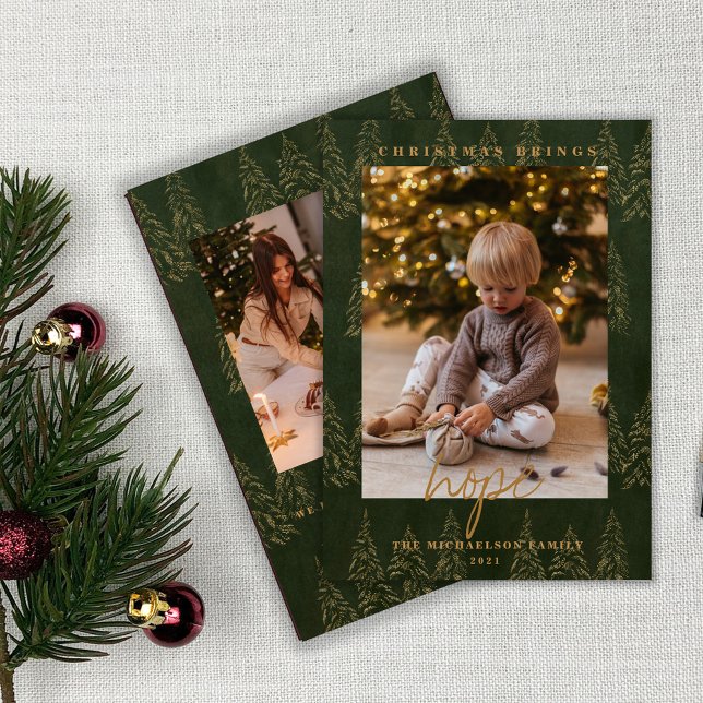 Golden Christmas Fir Trees  2 Photo Holiday Card (Creator Uploaded)