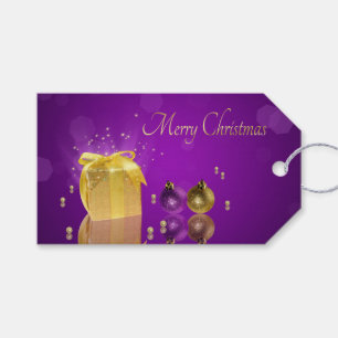 Golden Christmas Gift Box on Purple Lavender Tags