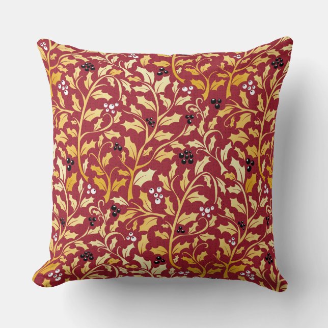 Golden christmas holly leaves and berries pattern cushion (Front)