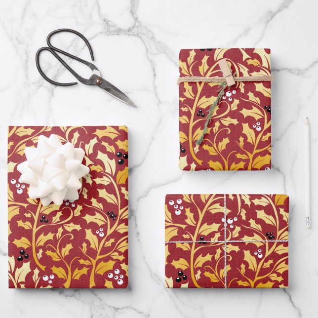 Golden Christmas Holly pattern on red Wrapping Paper Sheet (Front)