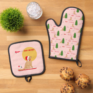 Golden Christmas Pink Beach Day Oven Mitt Set