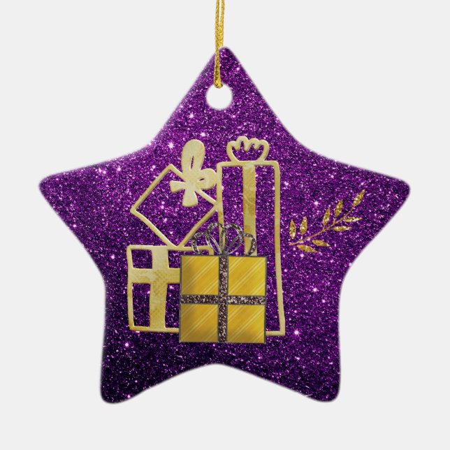 Golden Christmas Presents Purple Faux Glitter Ceramic Tree Decoration (Front)