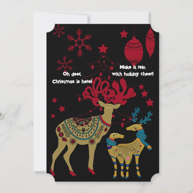 Golden Christmas Reindeers Red Snowflakes Nordic Holiday Card (Front)
