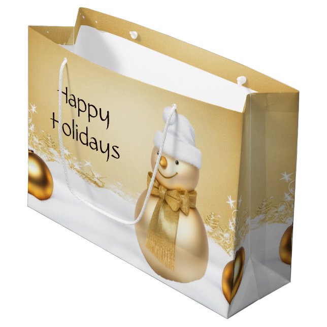 Golden Christmas Snowman Holiday Gift Bag (Front Angled)