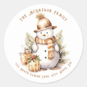 Golden Christmas Snowman Return Address Classic Round Sticker