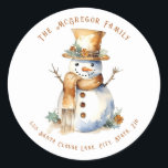 Golden Christmas Snowman Return Address Classic Round Sticker<br><div class="desc">Add this Golden Christmas Snowman Return Address Classic Round Sticker to your Holiday Christmas Mailings. These cute, festive Stickers are designed with a Jolly Snowman, dressed in a Gold Hat and Scarf with accents of Green and Red Holly Branches on a white background. The text includes: Your Family Name and...</div>