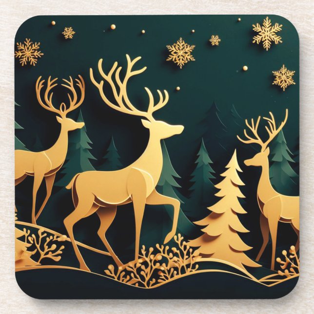 Golden Christmas Stags Coaster (Front)