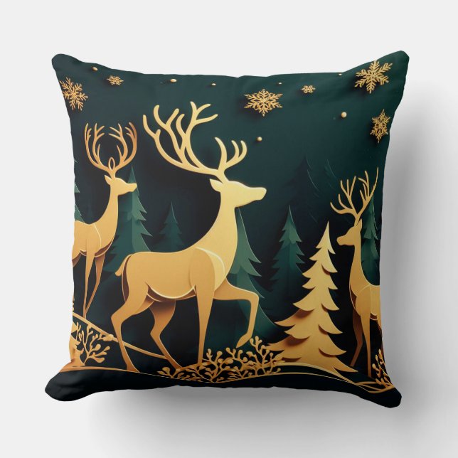 Golden Christmas Stags Cushion (Front)