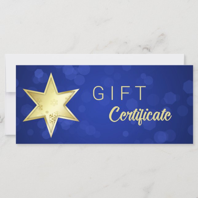 Golden Christmas Star Blue Bokeh Gift Certificate (Front)