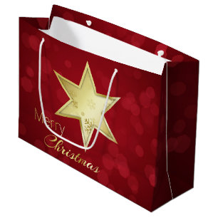 Golden Christmas Star Red Bokeh Large Gift Bag