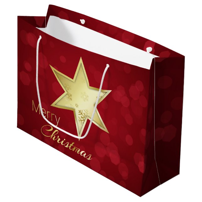 Golden Christmas Star Red Bokeh Large Gift Bag (Front Angled)