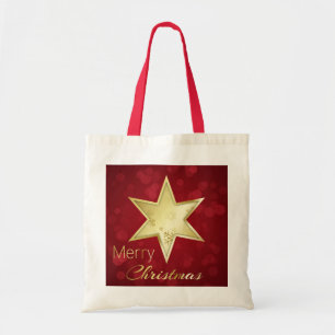 Golden Christmas Star Red Bokeh Tote Bag