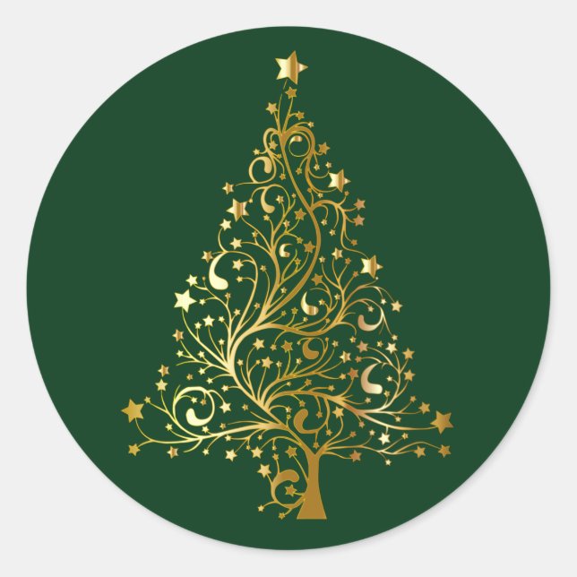 Golden Christmas Tree on Black Classic Round Sticker (Front)