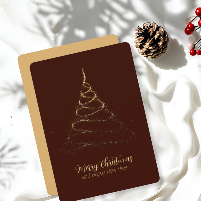 Golden Christmas Tree on Dark Red Minimalist Holiday Card (Creator Uploaded)
