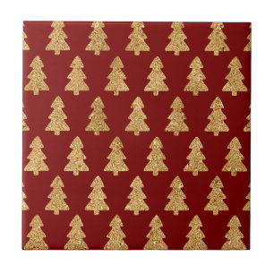 Golden Christmas Tree on Red - Classic Christmas Tile