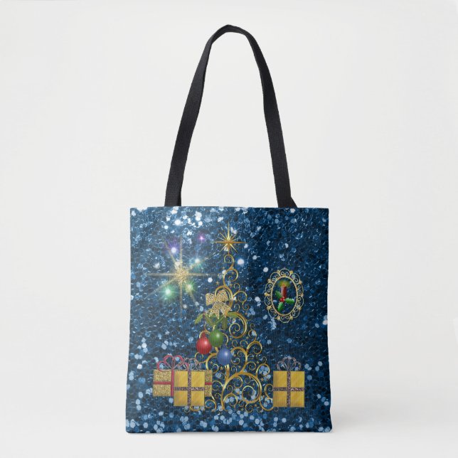 Golden Christmas Tree & Presents Blue Faux Glitter Tote Bag (Front)