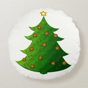 Golden Christmas Tree Round Cushion