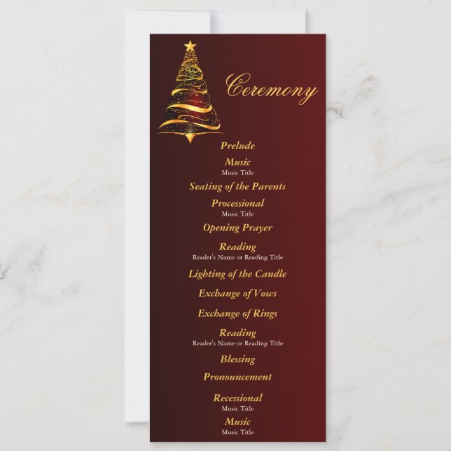 Golden Christmas Tree Wedding Ceremony Program Invitation (Back)