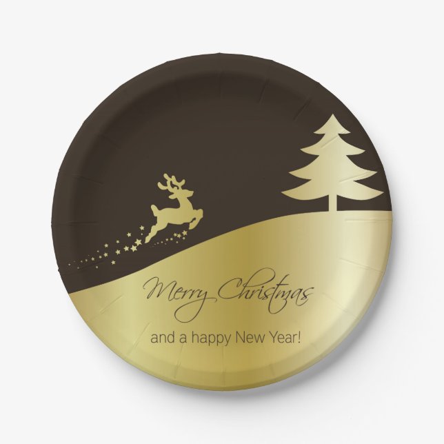 Golden Christmas Tree with Reindeer Paper Plate (Front)