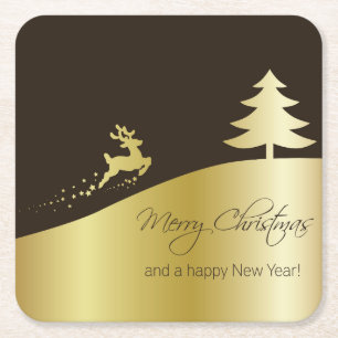 Golden Christmas Tree with Reindeer Square Paper Coaster