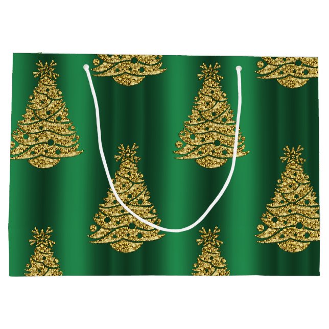 Golden Christmas Trees on Green Large Gift Bag (Back)