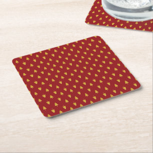 Golden Christmas Trees on Red Background Square Paper Coaster