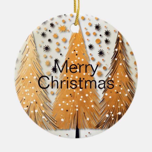 Golden Christmas Trees Shiny Snowflakes Holidays Ceramic Tree Decoration (Front)