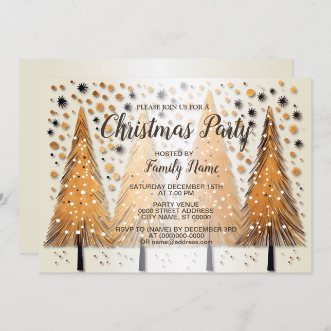 Golden Christmas Trees Shiny Snowflakes Holidays Invitation (Front/Back)