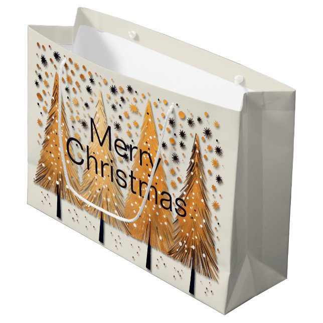 Golden Christmas Trees Shiny Snowflakes Holidays Large Gift Bag (Front Angled)