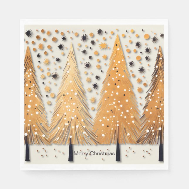 Golden Christmas Trees Shiny Snowflakes Holidays Napkin (Front)