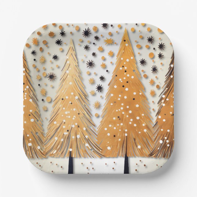 Golden Christmas Trees Shiny Snowflakes Holidays Paper Plate (Front)